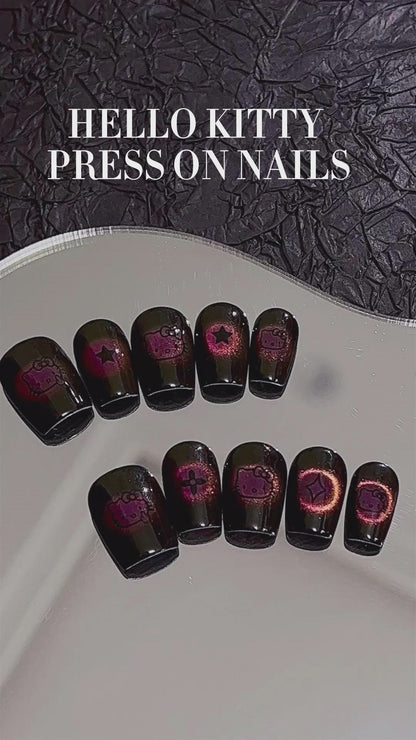 Hello Kitty Acrylic Nails Short Aesthetic Cat Eye Short Coffin Kitty Cat Cute Press on Nails