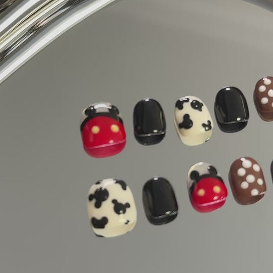 3. Stylish Short Round Fake Nails with Mickey Mouse Pattern in Black Chrome