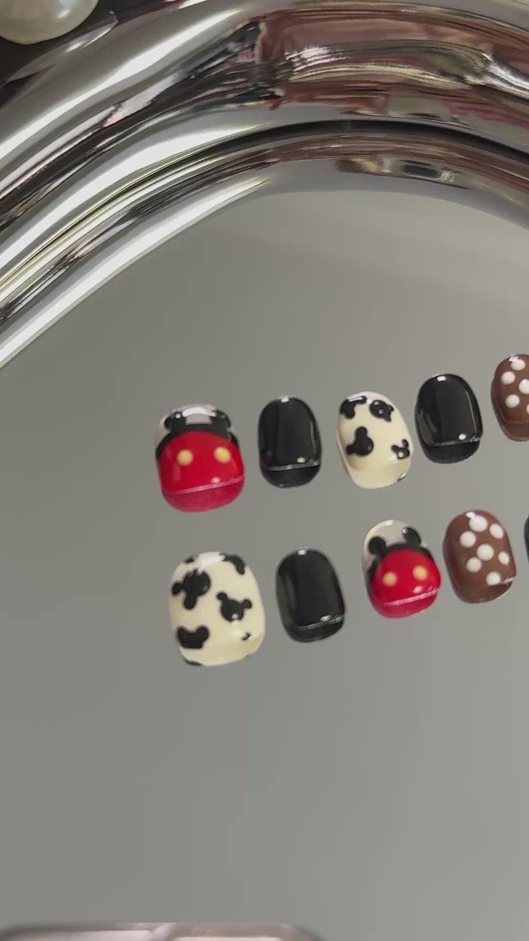 3. Stylish Short Round Fake Nails with Mickey Mouse Pattern in Black Chrome