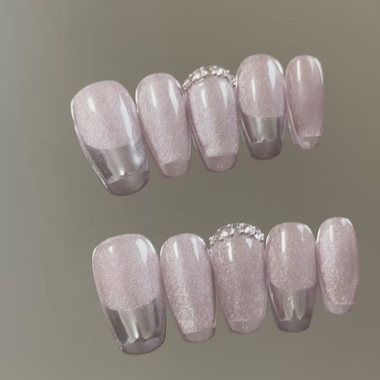 5. "Feminine Pink and White Coffin Nails with Cat Eye French Tips"