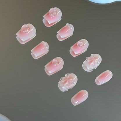 Cute Pink Short Coffin Nails | 3D Bow Design Nail Art