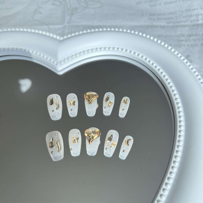 New Handmade Coffin Shape Press on Nails with Heart Diamond Bling Fake Nails Set