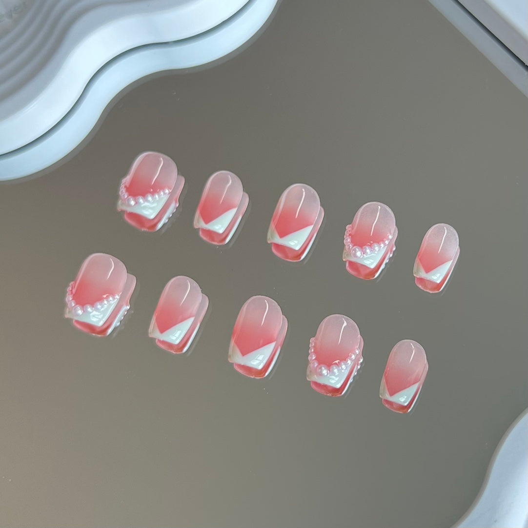 1. Glamorous PressOn Nails with Pink Ombre and Pearl White French Tips for Short Coffin Nails