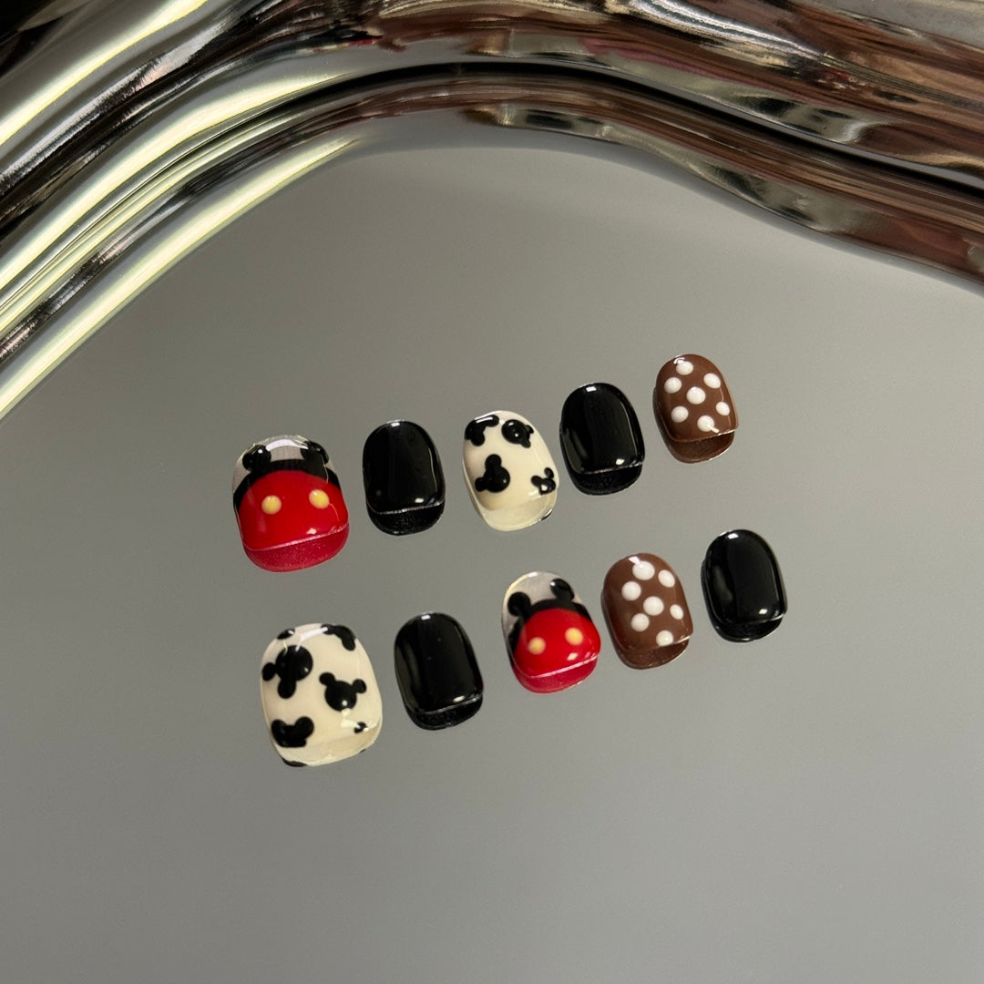 1. Black Chrome PressOn Nails with Mickey Mouse Design for Short Round Nails