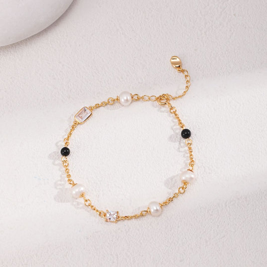 Adjustable 18k Gold-Plated Sterling Silver Pearl and Onyx Bracelet Elegance Women's Day Gift