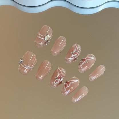 Pink Butterfly False Nails Press-on Simple Design Short Coffin Nails with Tool