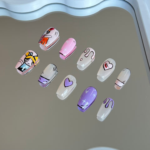 2. "Stylish Coffin Shaped Nails with Powerpuff Girls Pink and Purple Palette"