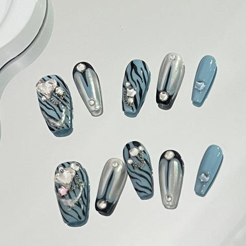 Tiger Pattern Handpainted Blue Press on Nails Salon Quality Stick on Nail Sets