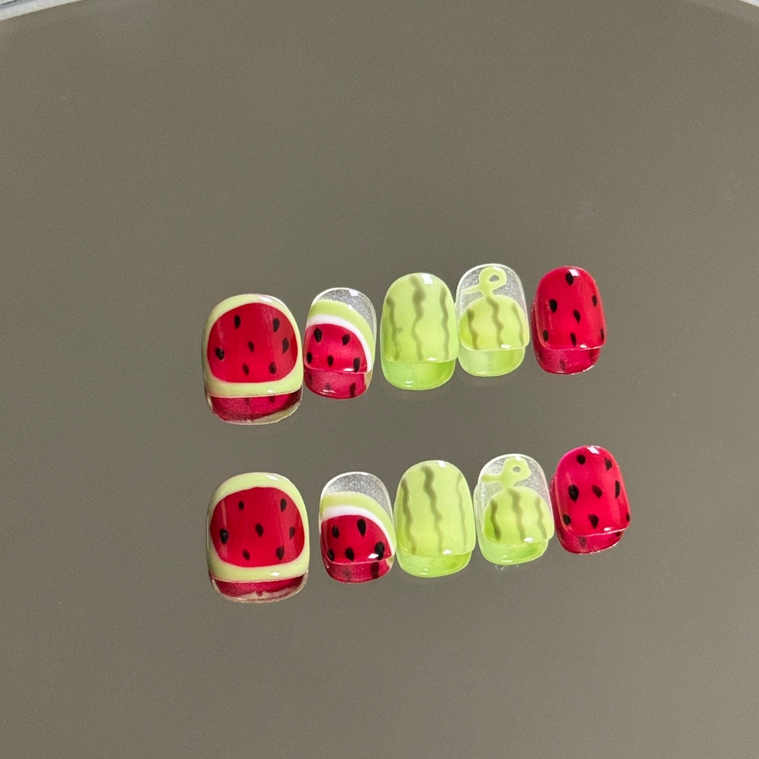 1. "Adorable Watermelon Themed Short Nails for Kids  Easy PressOn Design"