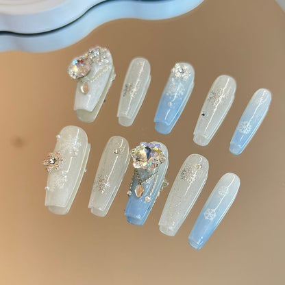 Trendy Winter Press on Nails with Diamond Medium Coffin Milky White Hand Painted Nails