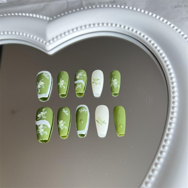 Handmade Press on Nails Green Tulip Medium Coffin Nails Reusable Floral Manicure