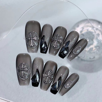 Luxury Chrome Hearts Reusable Press on Nails Handmade Coffin Shape Clear Grey