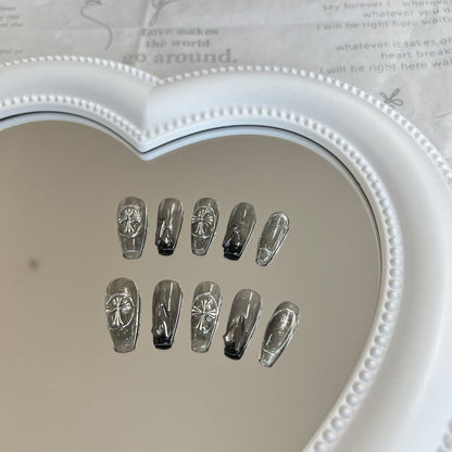 Luxury Chrome Hearts Reusable Press on Nails Handmade Coffin Shape Clear Grey