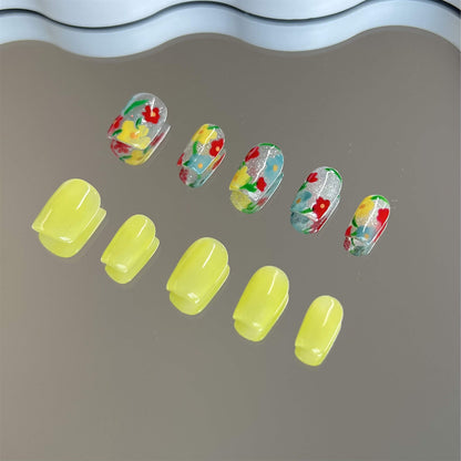 Summer Day Flowers Vintage Yellow Nails Squoval Shape Reusable Handpainted Nails 10pcs