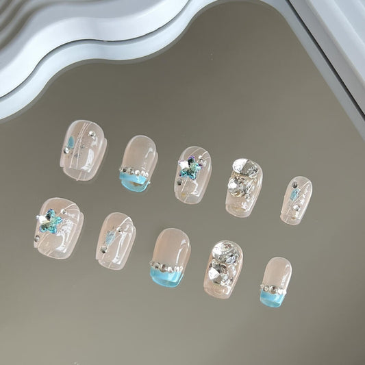 Delicate French Tip Nails Blue Tips with Shinning Diamonds Luxury Handmade Press on Nails