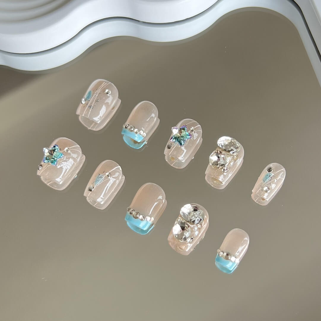 Delicate French Tip Nails Blue Tips with Shinning Diamonds Luxury Handmade Press on Nails