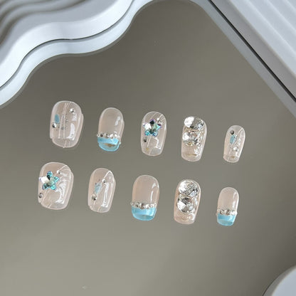 Delicate French Tip Nails Blue Tips with Shinning Diamonds Luxury Handmade Press on Nails