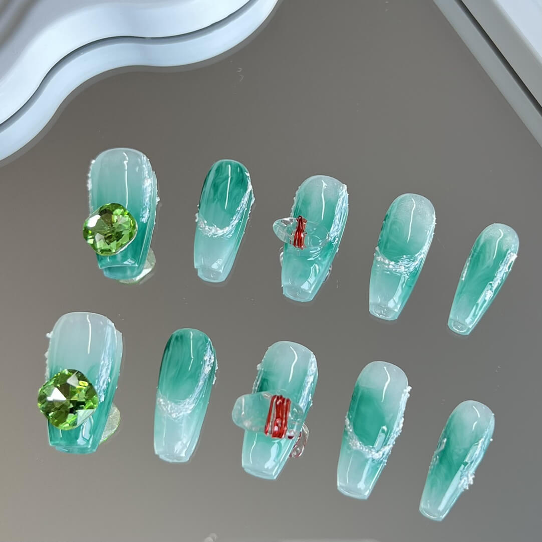 Coffin Green Nails Art Press on Nails with Diamond Spring Fake Nails