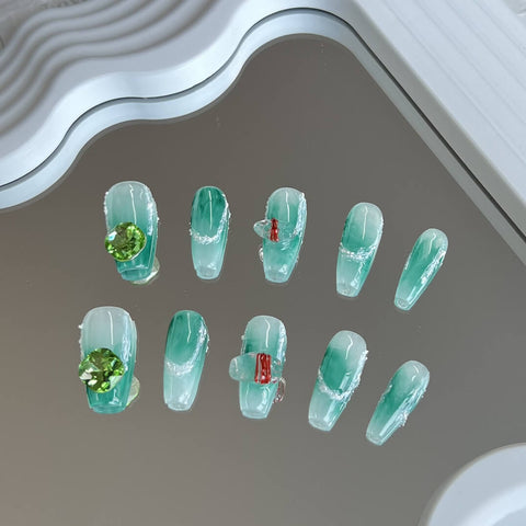 Coffin Green Nails Art Press on Nails with Diamond Spring Fake Nails