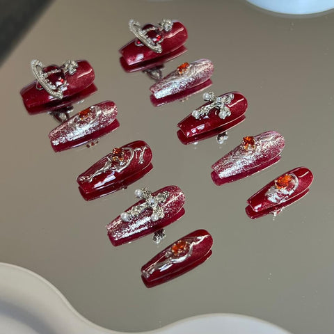 Cool Halloween Themed Red Art Nails Handmade Reusable Luxury Red Artistry for the Bold