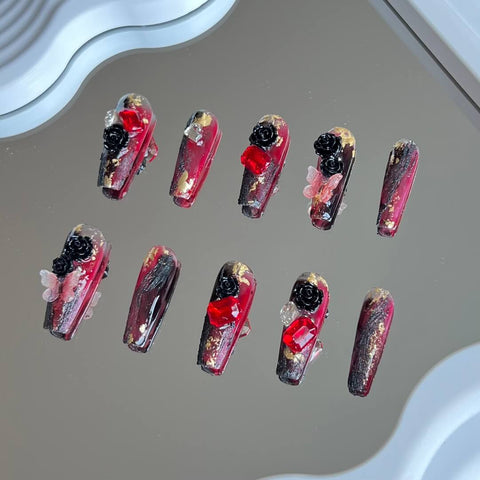 Red& Black Rose and Butterfly 2023 Halloween Art Nails Handmade Press on Nails