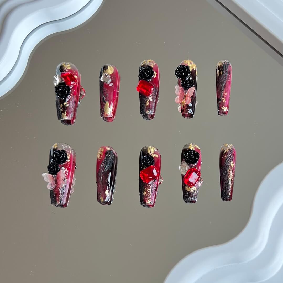 Red& Black Rose and Butterfly 2023 Halloween Art Nails Handmade Press on Nails