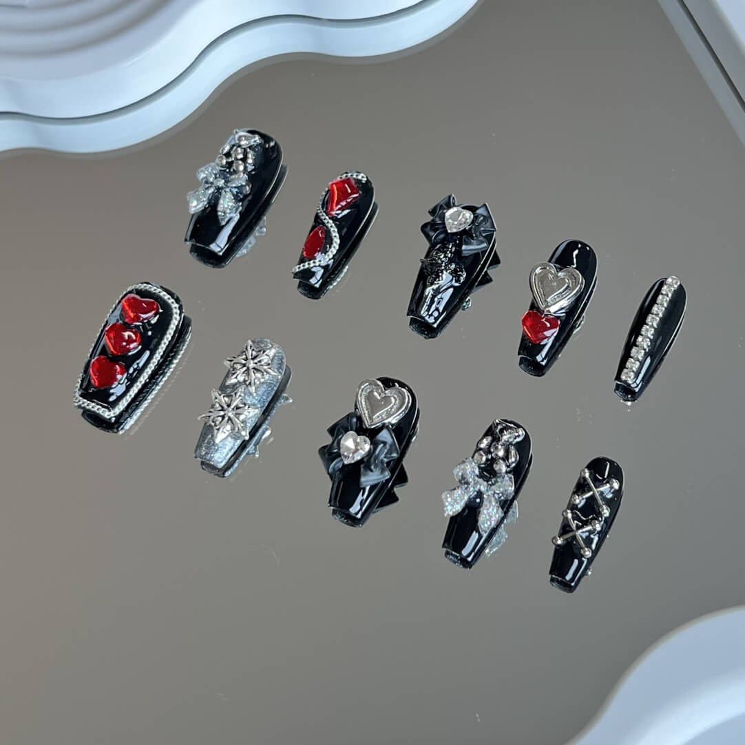 Bloodthirsty Love: 2023 Halloween Press on Nails Black and Red Bling Coffin Art Nails