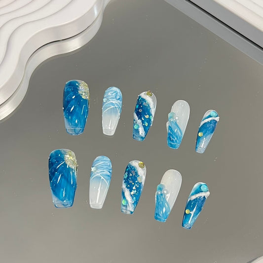 Blue Waves Nails Medium Coffin Handmade Press on Nails Set Summer Nails for Sale