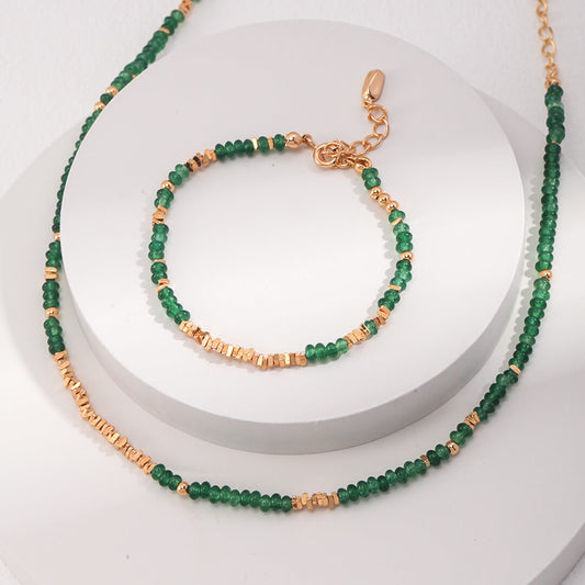 18K Gold Silver Emerald Necklace Irregular Silver Bracelet Silver Adjustable Jewelry Set