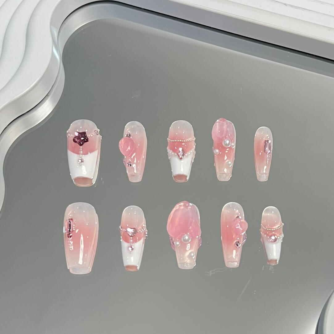 Pink French Tips with Diamonds Press on Nails Set Handmade Coffin Fake Nails