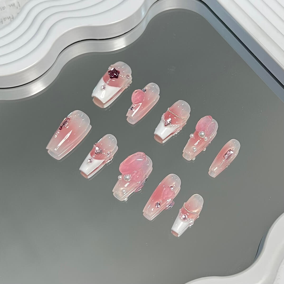 Pink French Tips with Diamonds Press on Nails Set Handmade Coffin Fake Nails