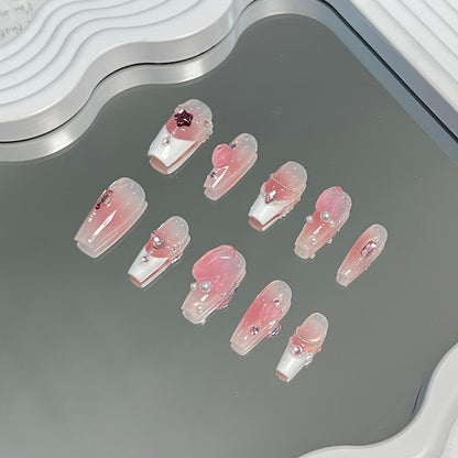 Pink French Tips with Diamonds Press on Nails Set Handmade Coffin Fake Nails