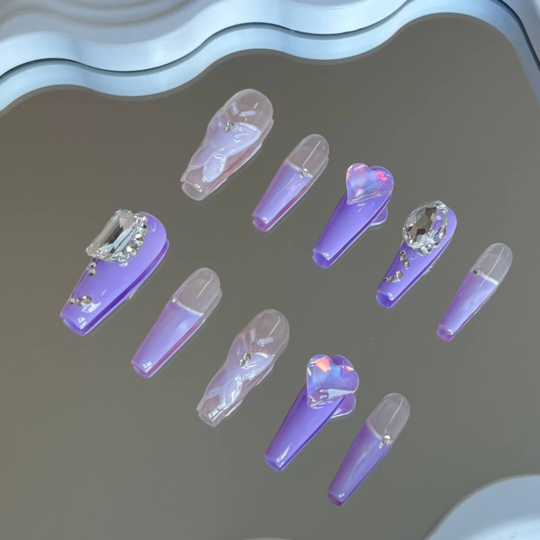 French Tip Coffin Nails with Diamonds Coffin Nails Elegant Handmade Fake Nail Kit