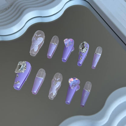 French Tip Coffin Nails with Diamonds Coffin Nails Elegant Handmade Fake Nail Kit