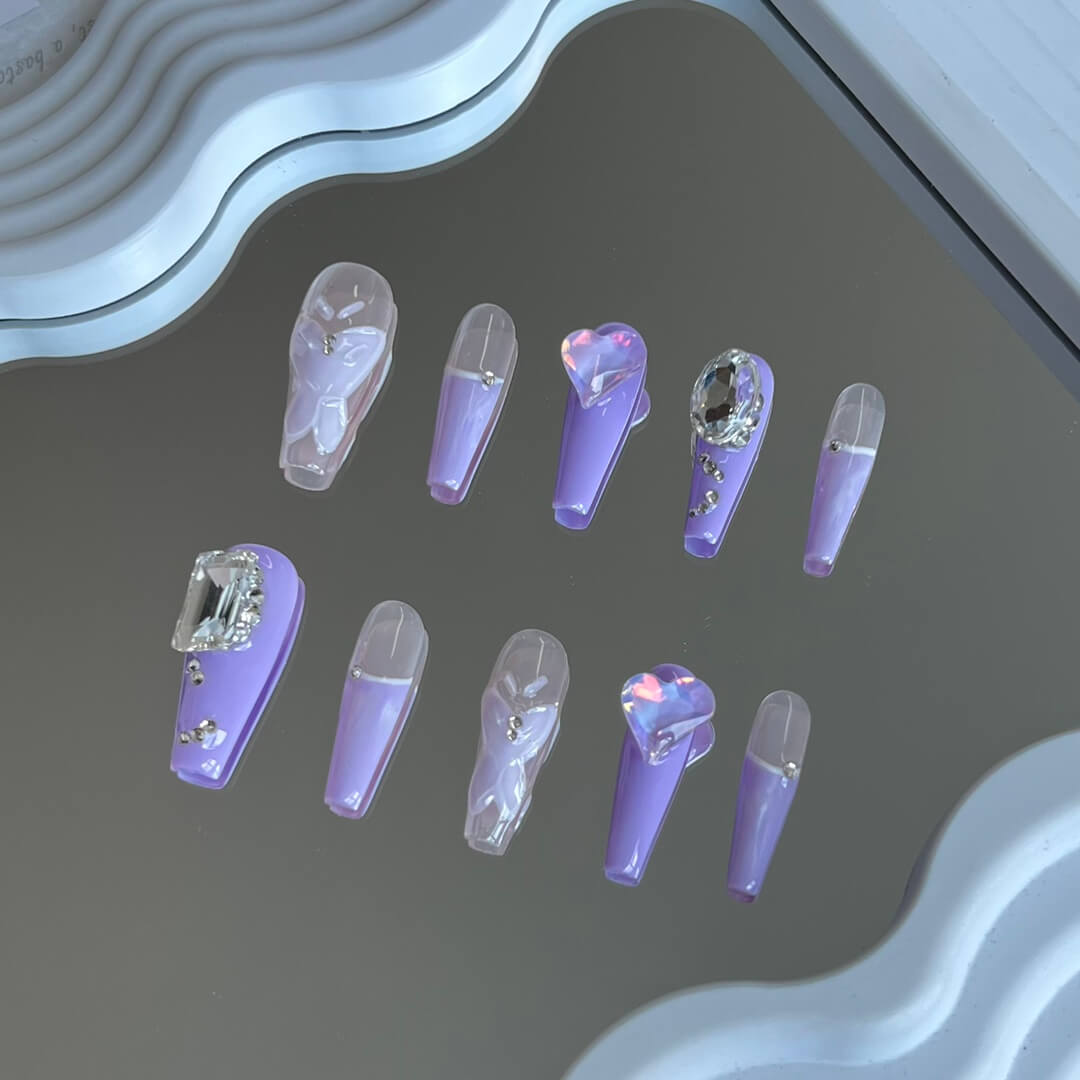 French Tip Coffin Nails with Diamonds Coffin Nails Elegant Handmade Fake Nail Kit