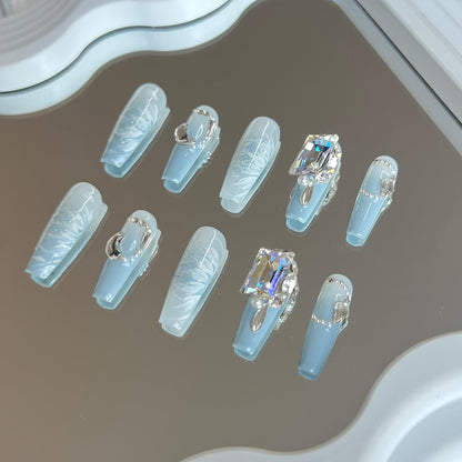 Salon Quality Press on Nail Set Blue Coffin Nails with Diamond Ombre Art Nails