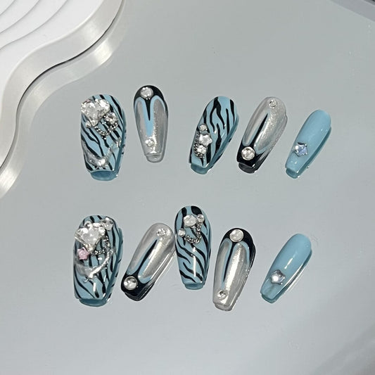 Tiger Pattern Handpainted Blue Press on Nails Salon Quality Stick on Nail Sets