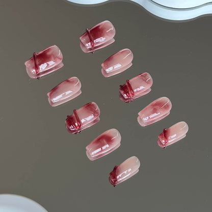 Short Coffin Acrylic Nails Red Ombre Handmade Press on Nails Set