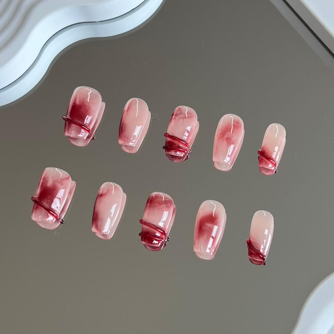 Short Coffin Acrylic Nails Red Ombre Handmade Press on Nails Set