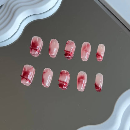 Short Coffin Acrylic Nails Red Ombre Handmade Press on Nails Set