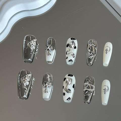 Hand Painted Press on Nails Set Cow Pattern Coffin Nails Butterfly Art Nails