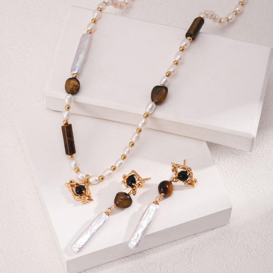 Tiger Eye Stone Jewelry Set Sterling Silver Earrings Agate Baroque Pearls Necklace Original Design