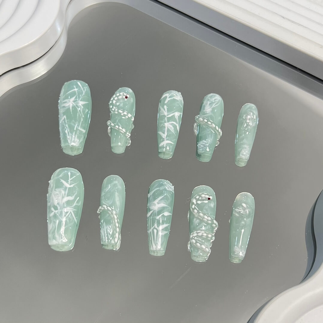 Green Snake Nails Handmade Press on Nails Mint Green Color Bamboo Pattern Coffin