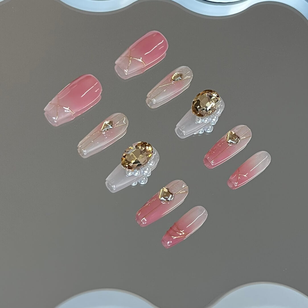 Ombre Valentine Nails Pink Press on Nails With Gemstones Luxury Coffin Nails Valentine's nails