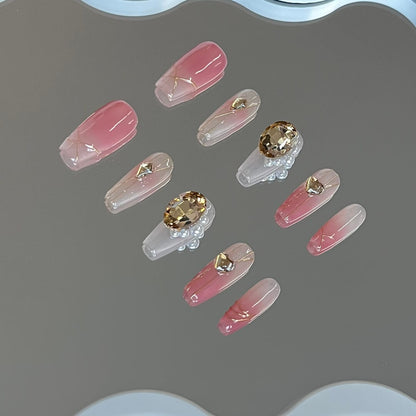 Ombre Valentine Nails Pink Press on Nails With Gemstones Luxury Coffin Nails Valentine's nails