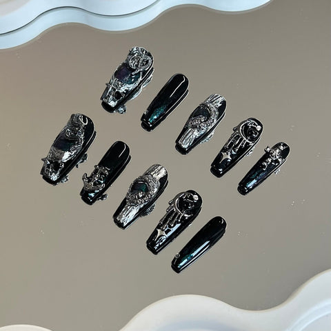 Silver And Black False Nails Medium Coffin Handmade Black Gothic Stick on Nails