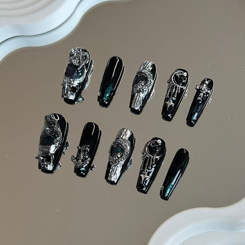 Silver And Black False Nails Medium Coffin Handmade Black Gothic Stick on Nails