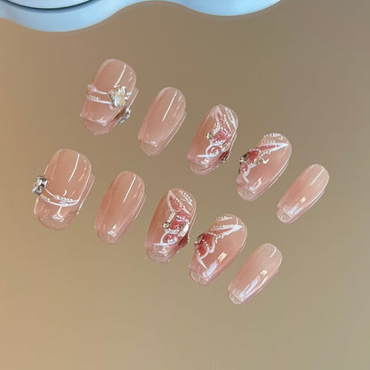 Pink Butterfly False Nails Press-on Simple Design Short Coffin Nails with Tool