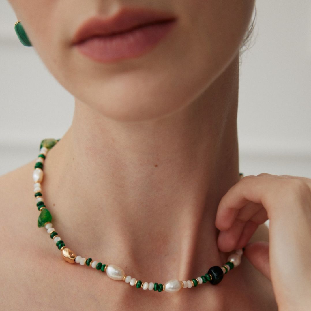 Elegant Pearl Agate Necklace| Sterling Silver Malachite Jewelry| Vintage Inspired