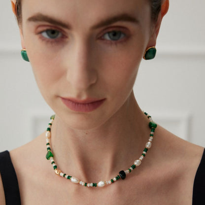 Elegant Pearl Agate Necklace| Sterling Silver Malachite Jewelry| Vintage Inspired